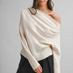 NWT Mable Deep One Shoulder Elegant Sexy Satin Top in Champagne